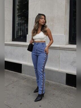 Vintage Exhaust Y2K 80s 90s Lace Up Side Skinny Jeans Festival Boho 3/4